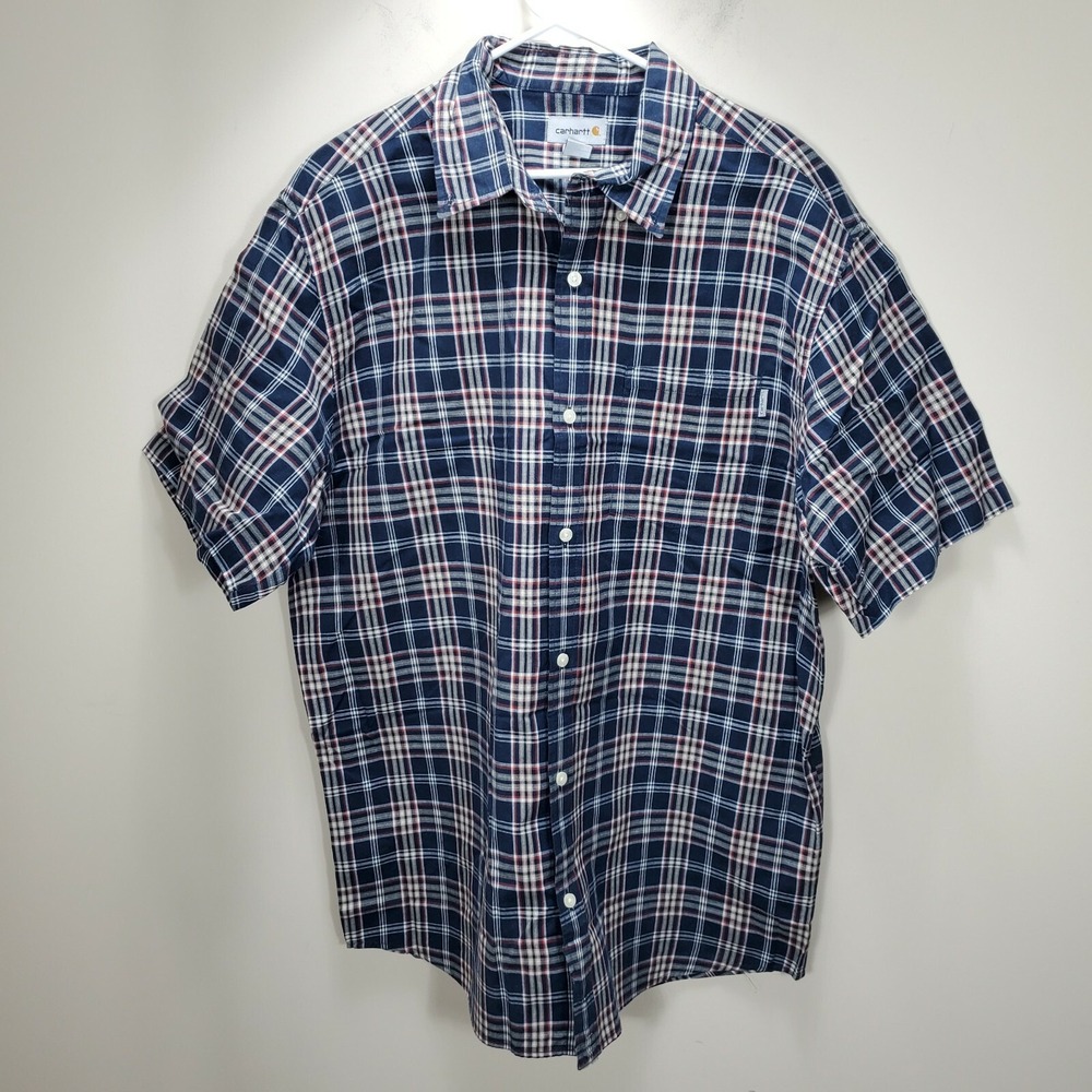 Carhartt Mens XL Navy Plaid Short Sleeve Button Up Top‎ XL